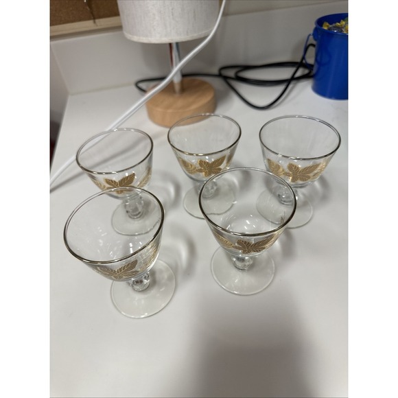 5 Vintage Libby Gold Leaf Frosted Cordial‎ Goblets Bar Glasses 4" x 2.75" - Picture 1 of 6
